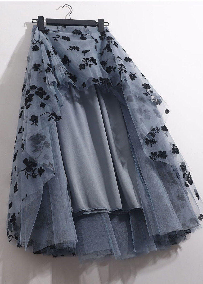 Blue Grey Elastic Waist Print Tulle a Line Skirts Spring