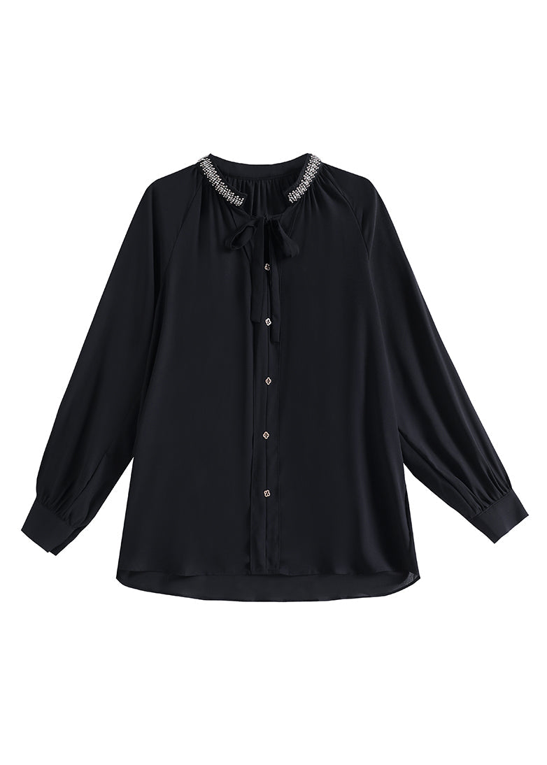 Modern Black Stand Collar Button Chiffon Shirt Long Sleeve