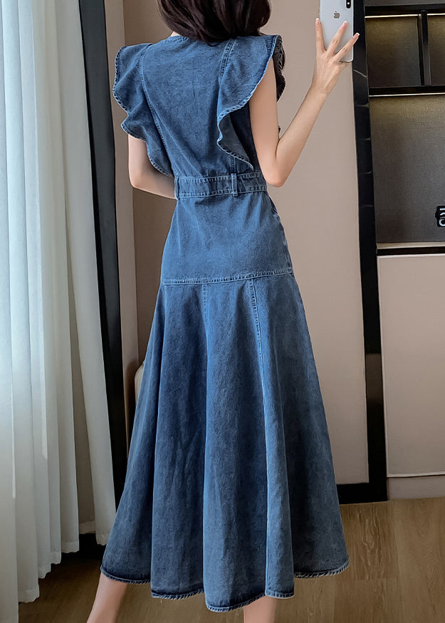 Blue O Neck Patchwork Denim Long Dress Butterfly Sleeve