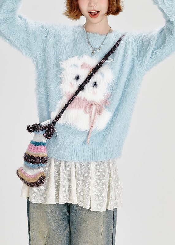 Classy Sky Blue Dog Fuzzy Fur Fluffy Knitted Tops Winter