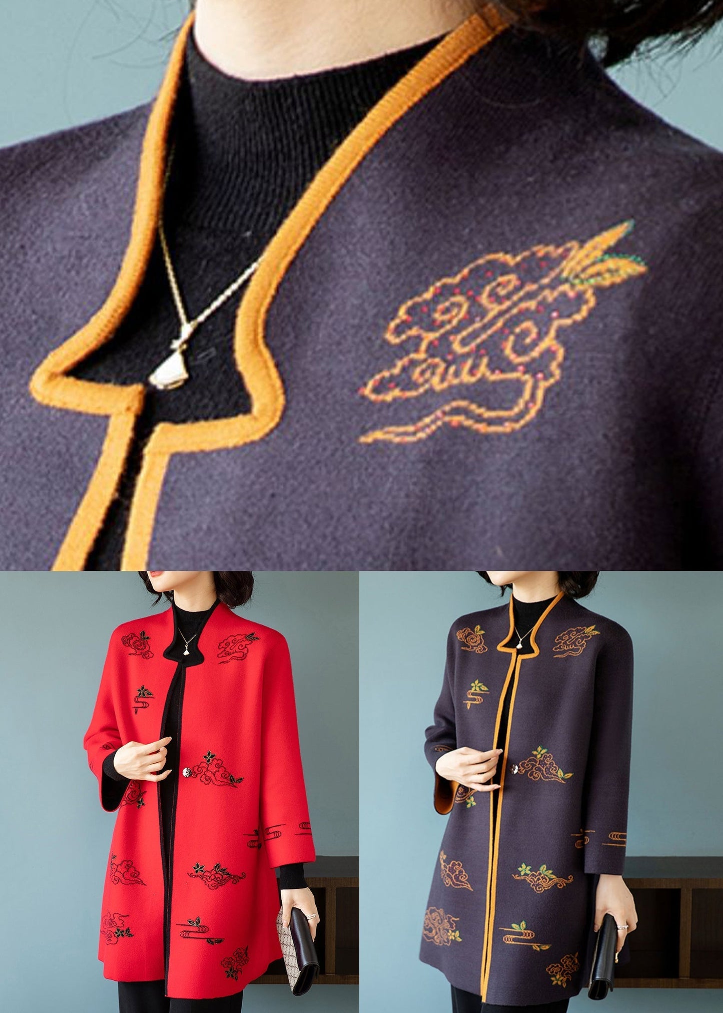 Dark Purple Stand Collar Embroidered Patchwork Wool Coats Fall