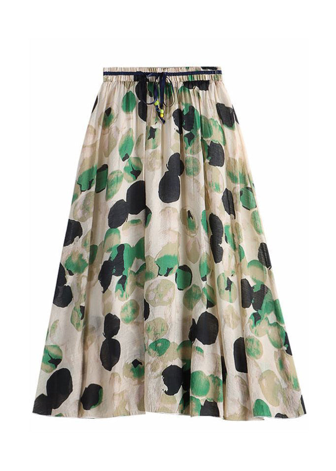 Green Print Elastic Waist Tie Waist Chiffon a Line Skirt Summer