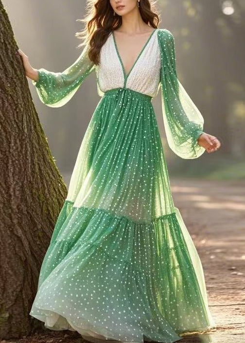 Gradient Color V Neck Wrinkled Chiffon Dress Spring
