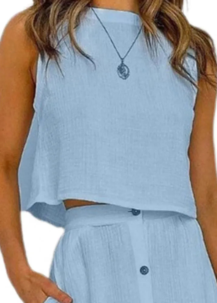 Brief Blue O-neck Top and Maxi Skirts Two Pieces Set Summer