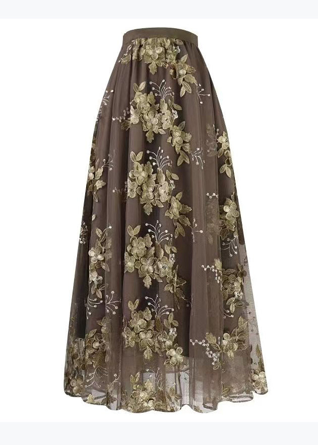 Coffee Embroidered High Waist Tulle Skirts Spring