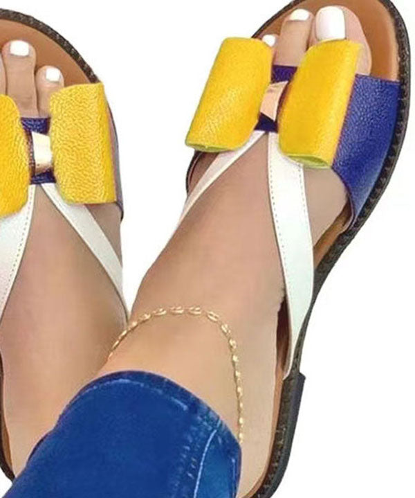 Yellow Peep Toe Faux Leather Splicing Bow Slide Sandals