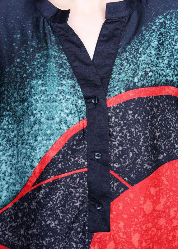 Color Block Bat Wing Sleeve Print Silk Dress