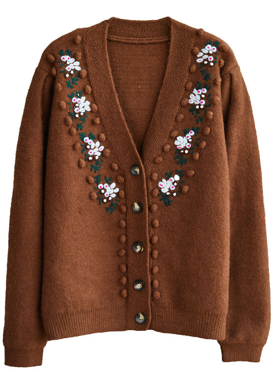 Fitted Coffee Embroideried Button Knit Sweaters Coat Winter
