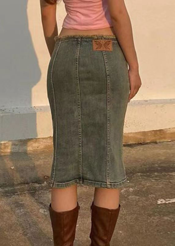 Blue Gradient Color Zip Up High Waist Patchwork Denim Skirt Fall