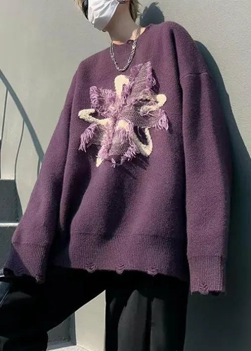 Loose Purple Tasseled Hole Knit Sweater Winter