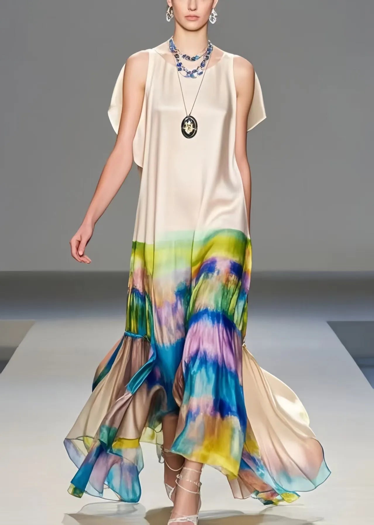 Unique Apricot Cold Shoulder Tie Dye Silk Long Dresses Sleeveless