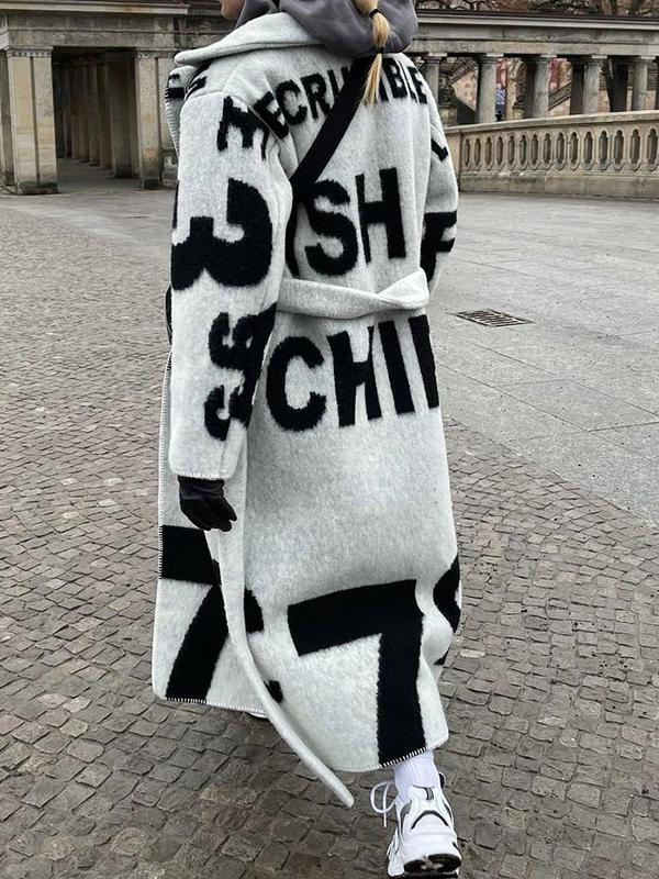Letter Print Pocket Long Woolen Coat