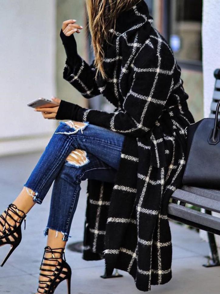 Coats Lapel Pocket Belted Plaid Woolen Coat