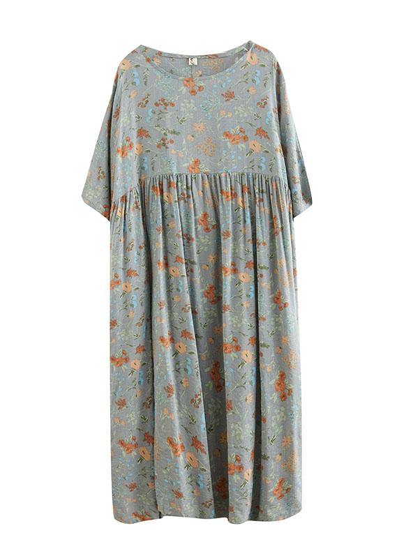 Grey O-neck Patchwork Print Half Sleeve Summer Long Dress