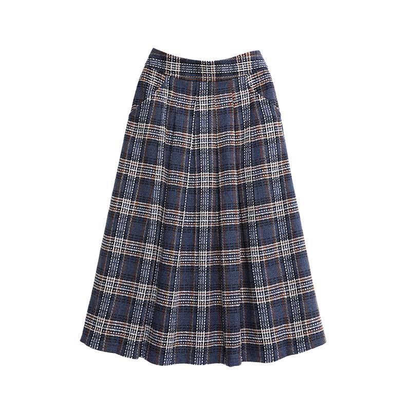 Blue and White Plaid Pleated Loose Skirt