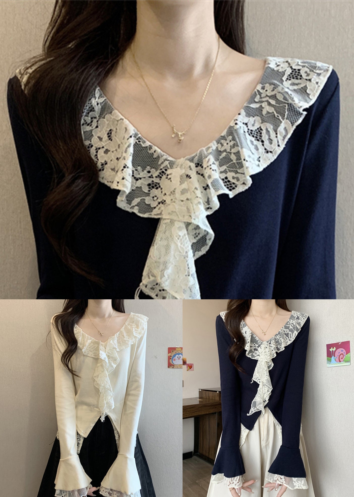 Apricot Front Open Lace Patchwork Cotton T Shirt V Neck Fall