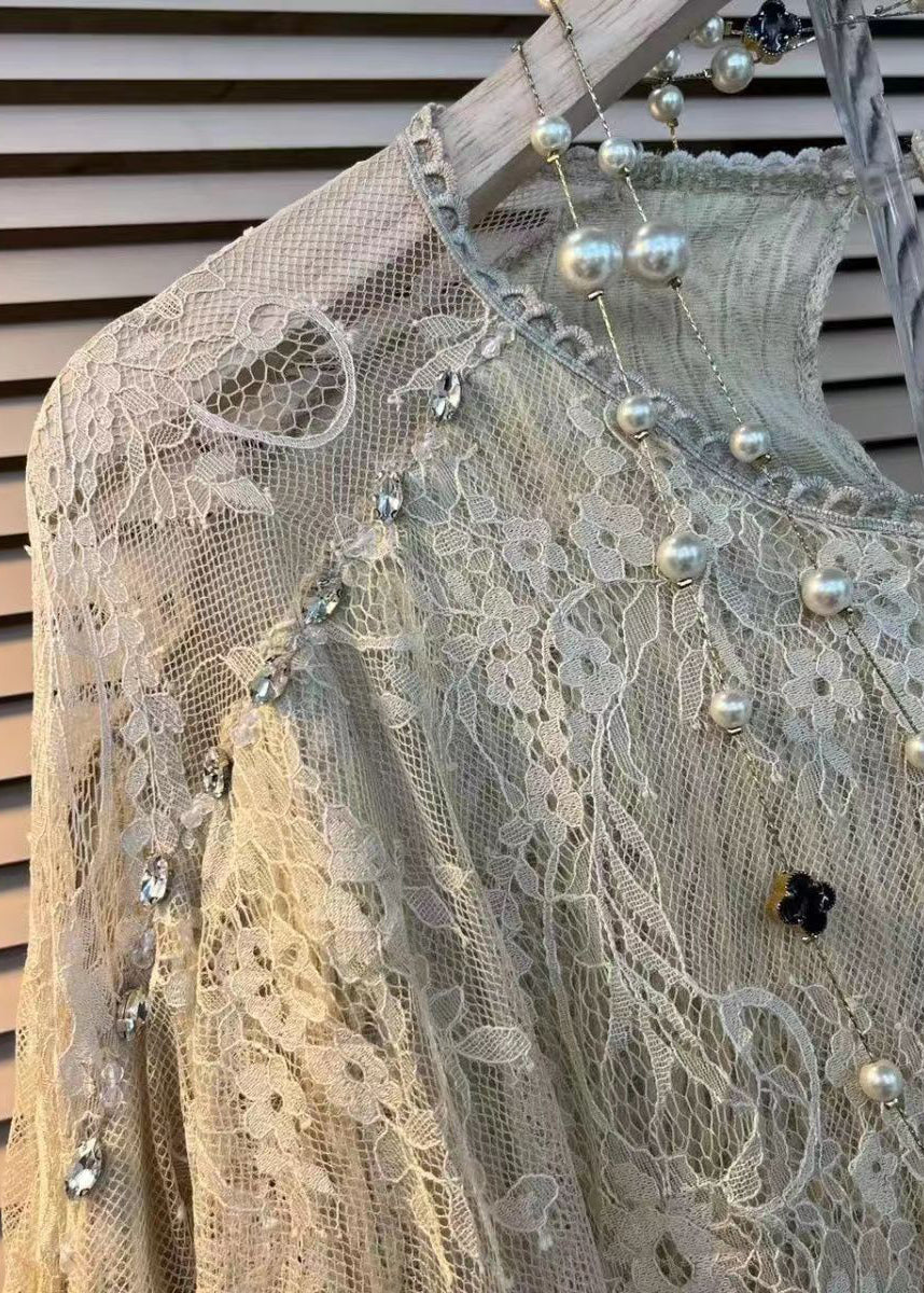 White O Neck Ruffled Zircon Lace Top Fall