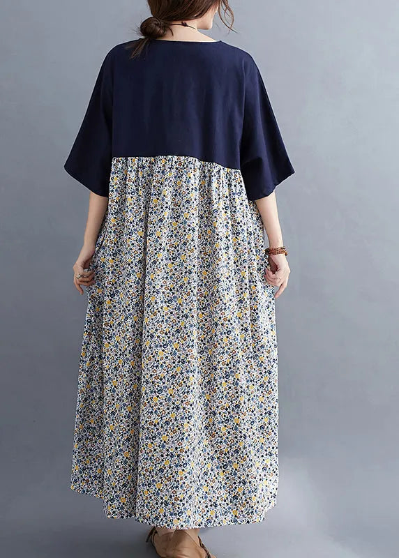 Navy O-neck Print Patchwork Maxi Dresses Half Sleeve