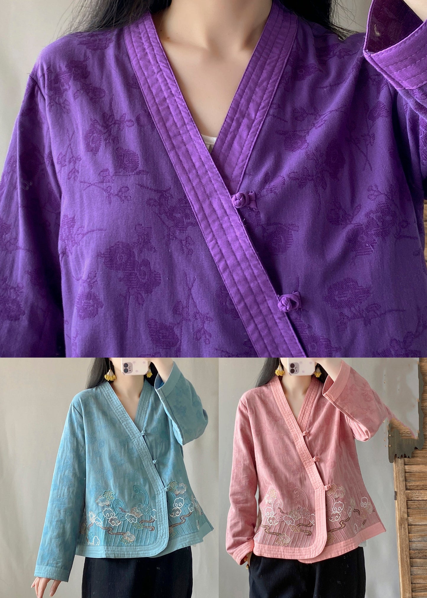 Handmade Purple Embroidered Tops Long Sleeve