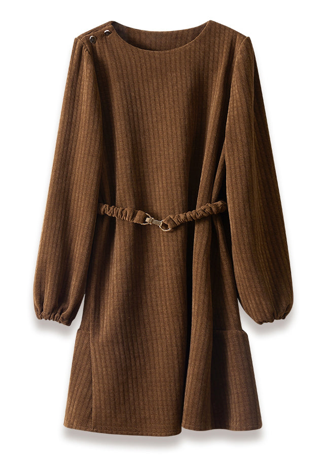 Brown Thick Cotton Tunic Dress Spring