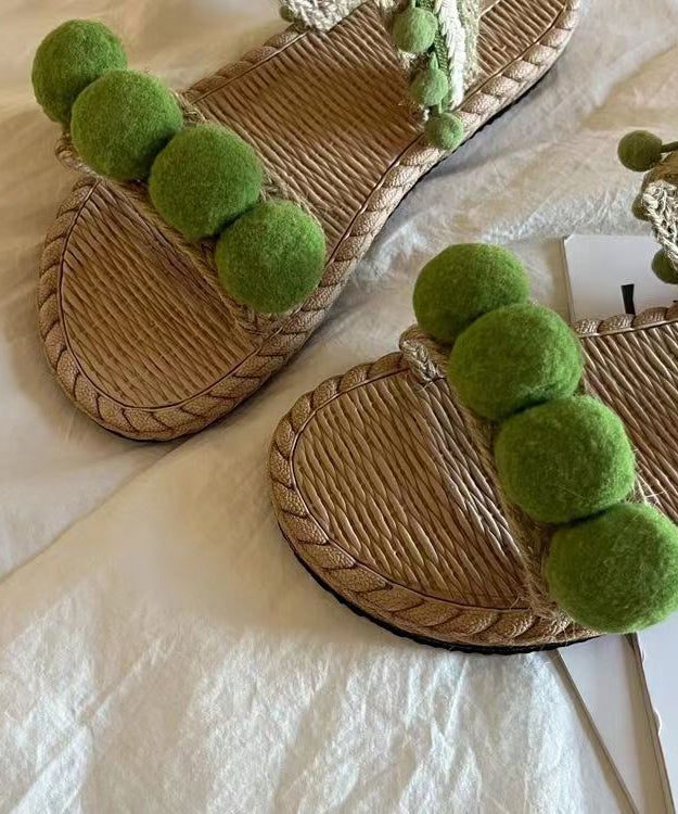 Green Fuzzy Ball Decorated Splicing Slide Sandals Peep Toe