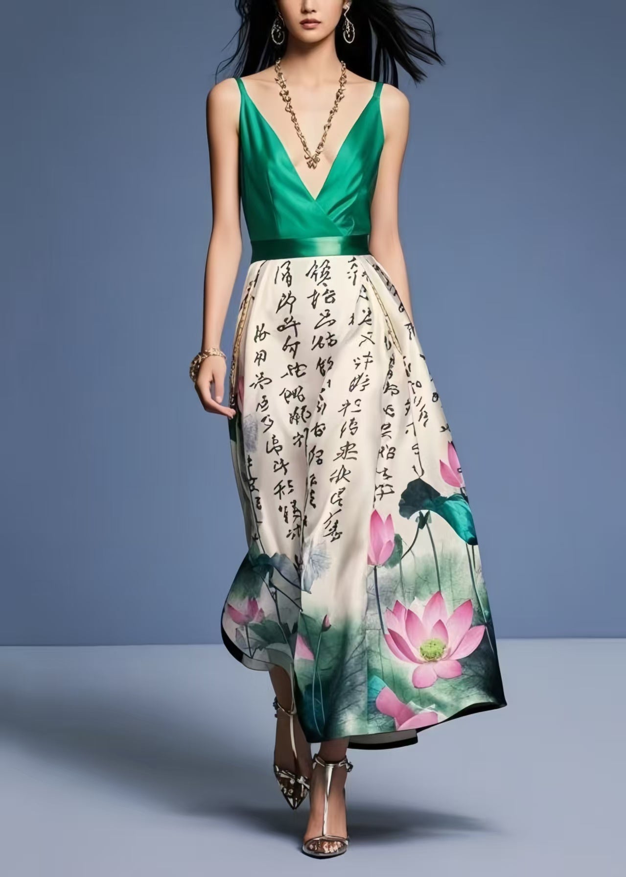 Tea Green Cinched Print Silk Cami Dress Summer