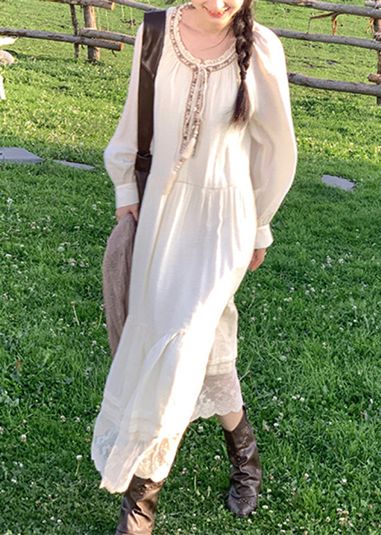 Beige Lace Patchwork Cotton Long Dress Spring