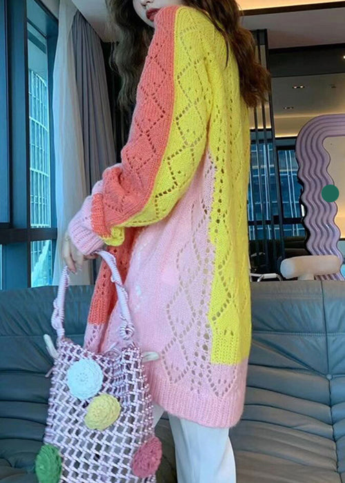 Novelty Colorblock O Neck Hollow Out Cotton Knit Sweaters Fall