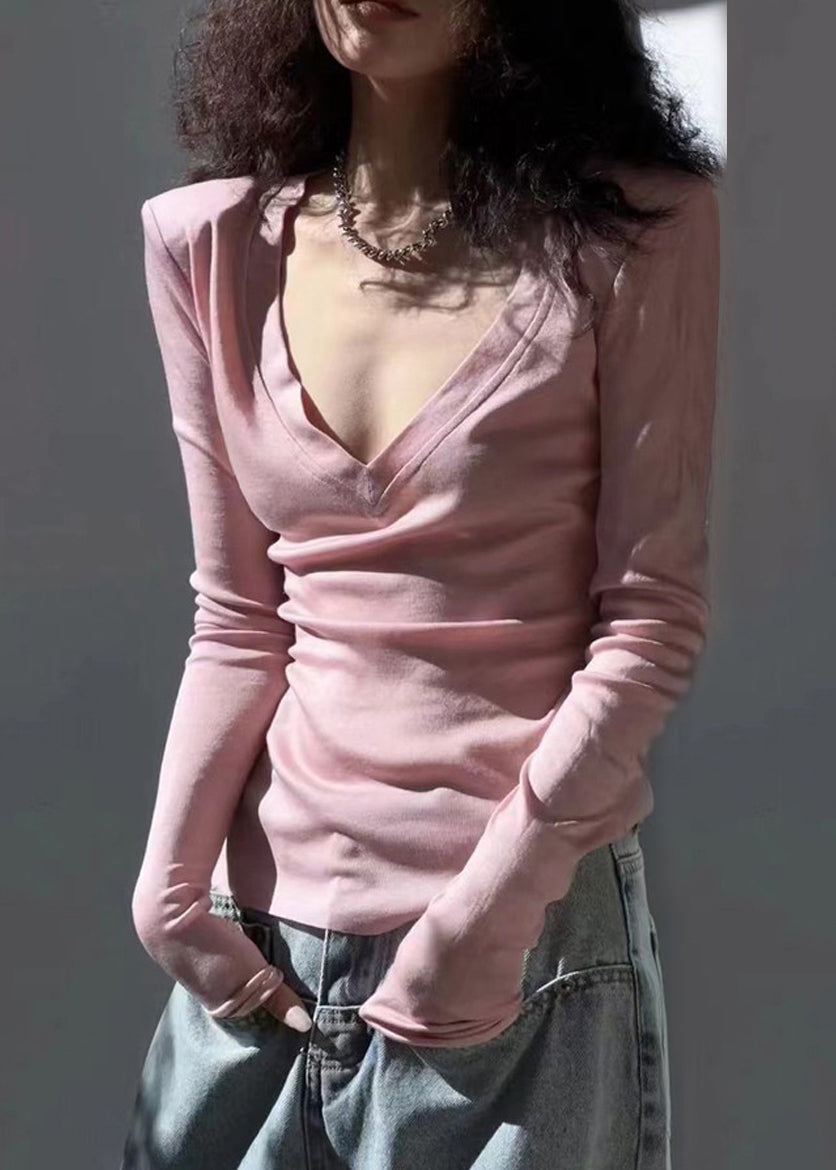 Pink V Neck Patchwork Cozy Top Spring