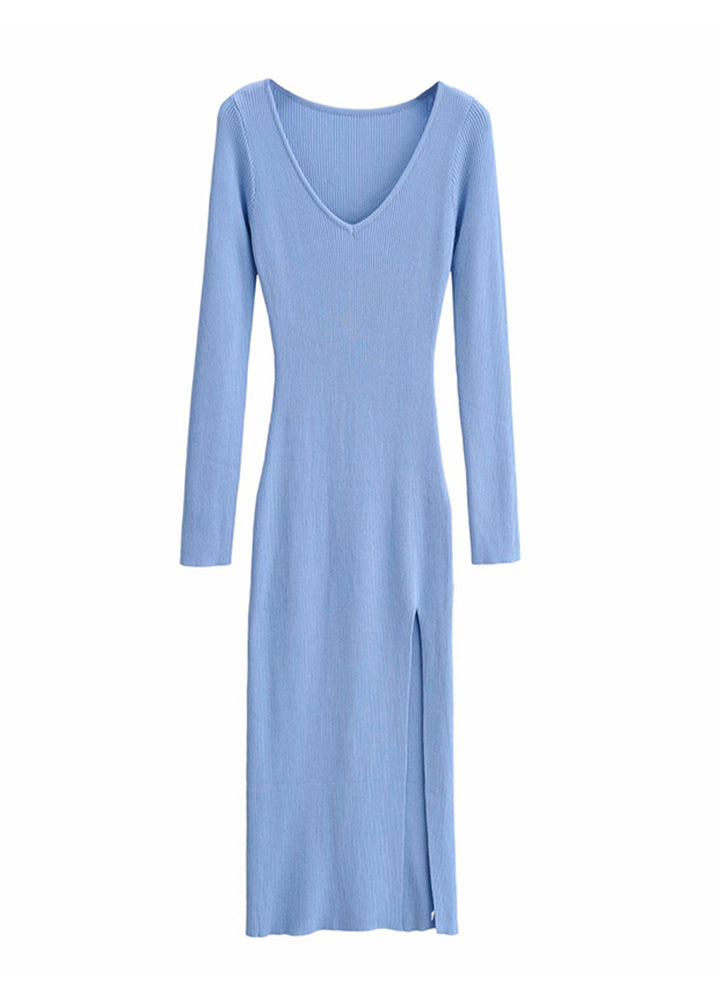 Blue V Neck Side Open Knit Long Dresses Fall