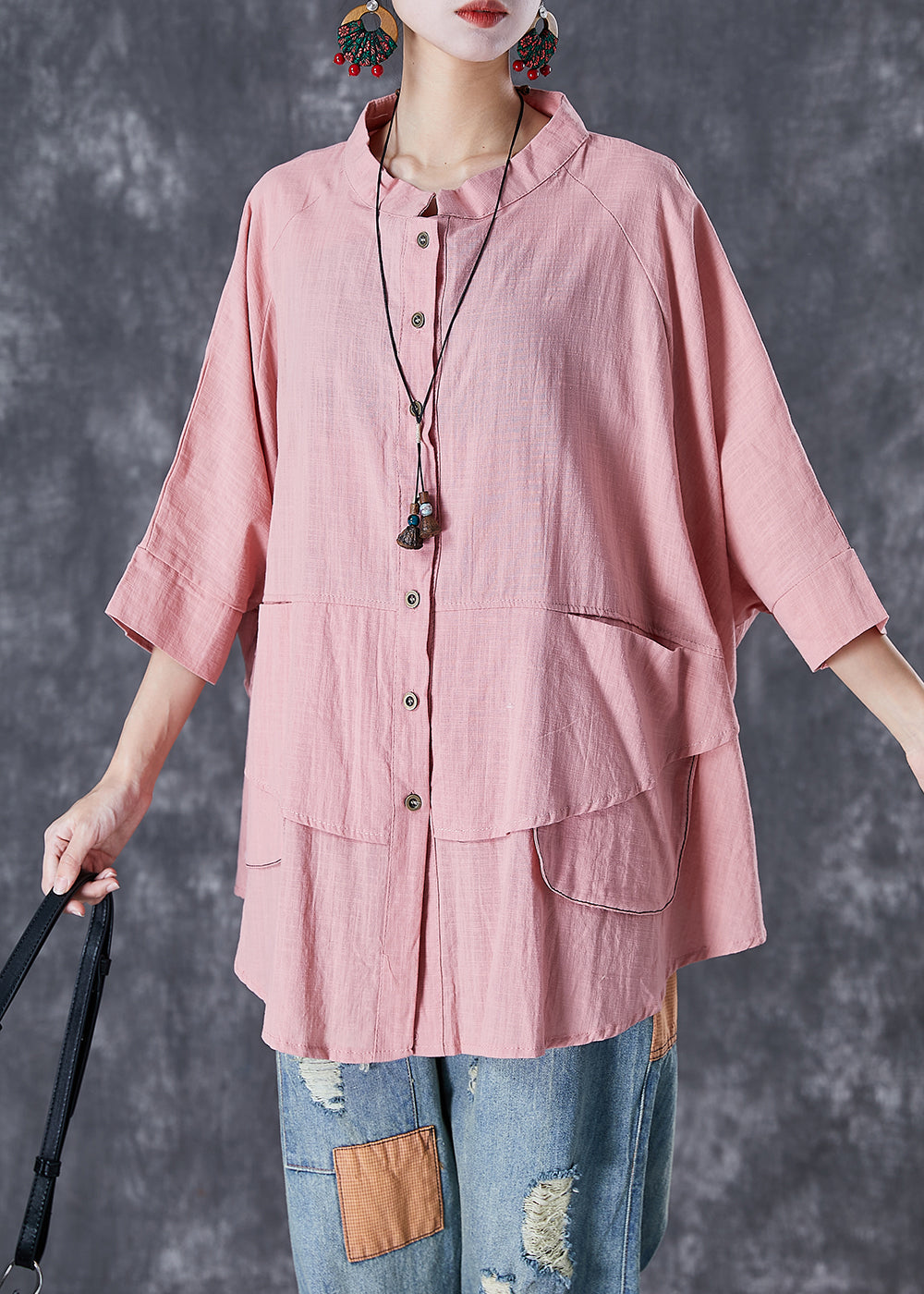 Pink Button Down Pockets Linen Blouses Batwing Sleeve