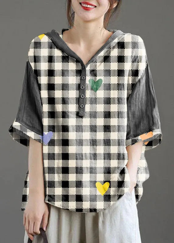 Khaki Hooded Patchwork Summer Linen Blouses