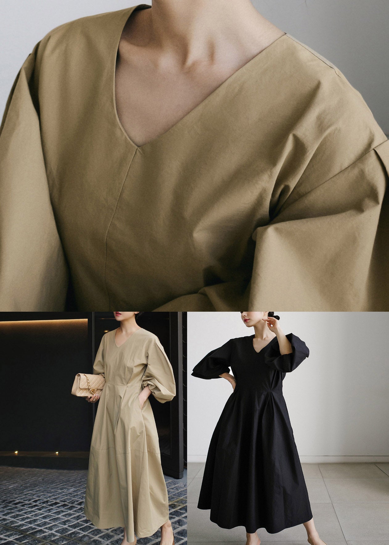 Khaki V Neck Patchwork Zippered Cotton Vacation Dresses Long Sleeve