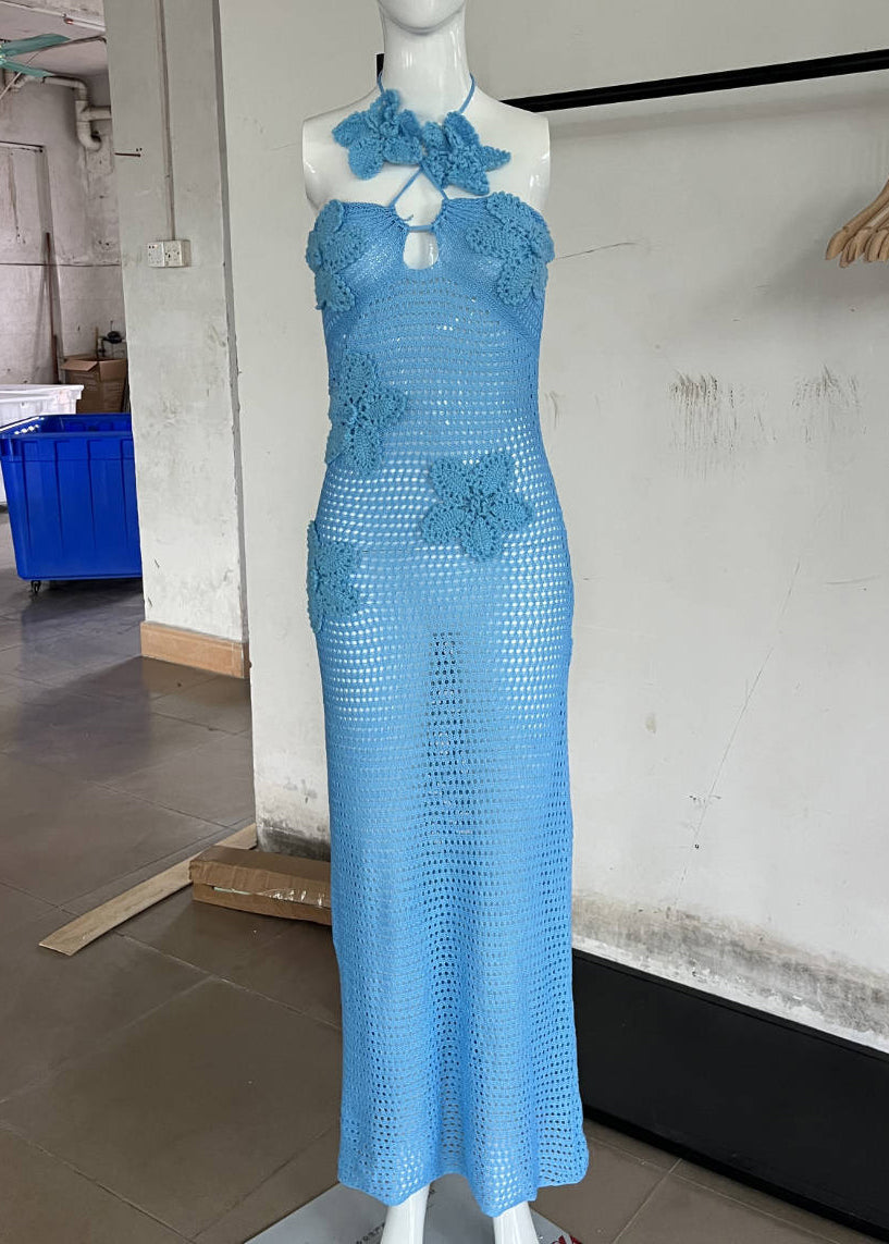 Slim Fit Blue Halter Backless Knit Long Dress Sleeveless