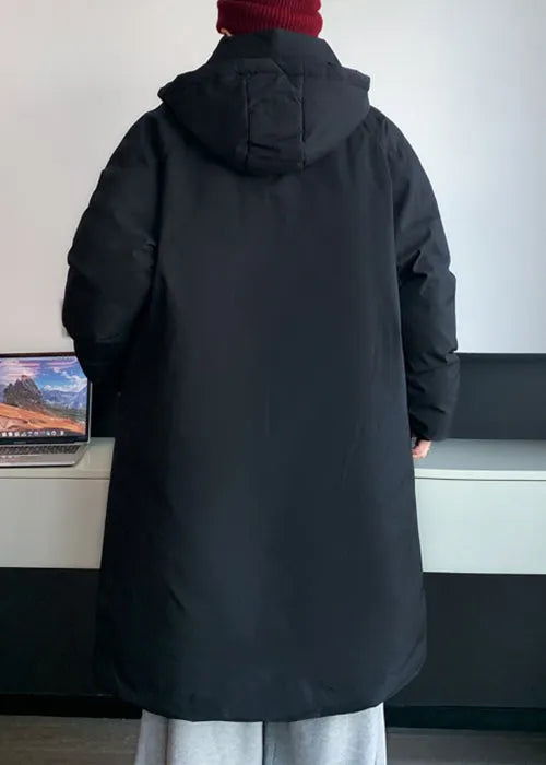 Simple Black Hooded Pockets Coats Parkas Winter