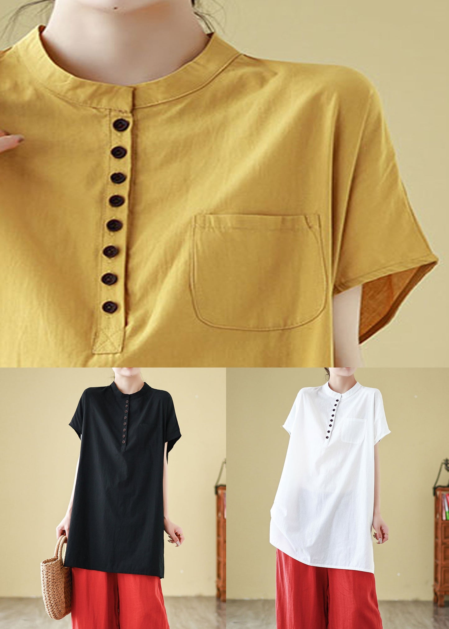 White Button Cotton Summer T Shirt O Neck