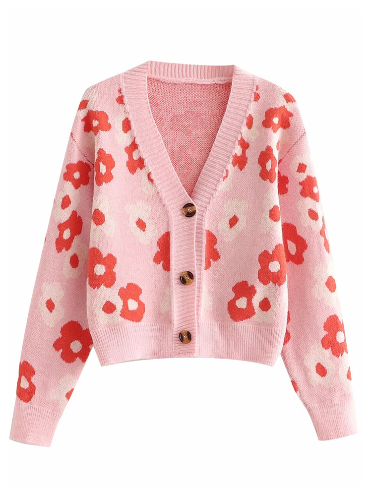 V-neck Button Flower Jacquard Loose Thin Knitted Cardigan Top