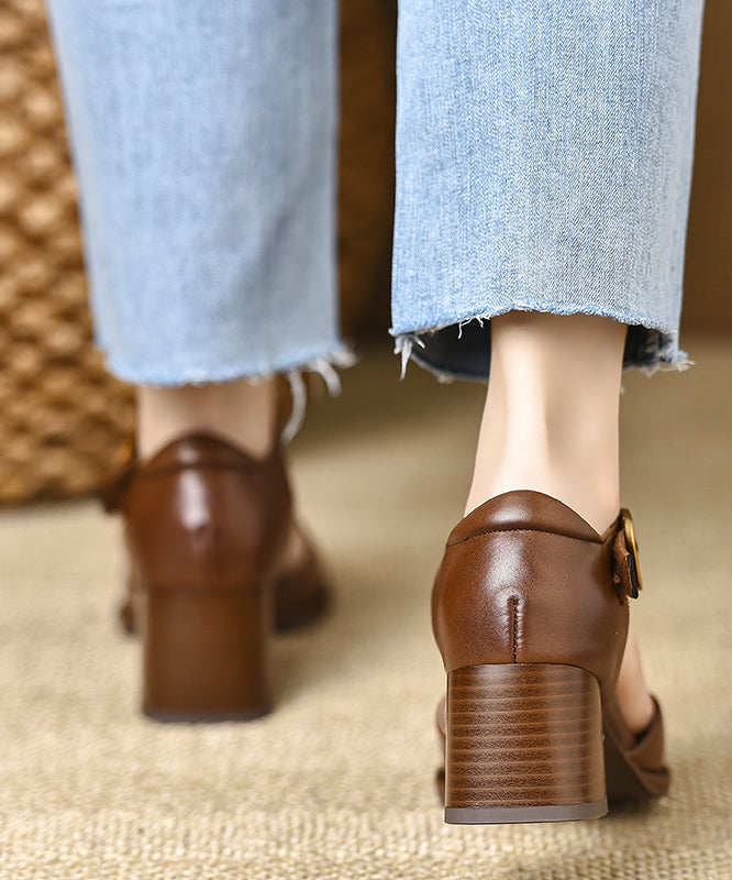 Brown Hollow Out Chunky Cowhide Leather Splicing Sandals