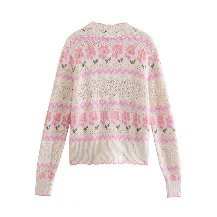 New Sweet Hollow Flower Jacquard V-neck Knitted Coat Sweater 7373