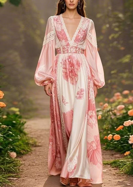 Pink V Neck Print Silk Long Dresses Lantern Sleeve