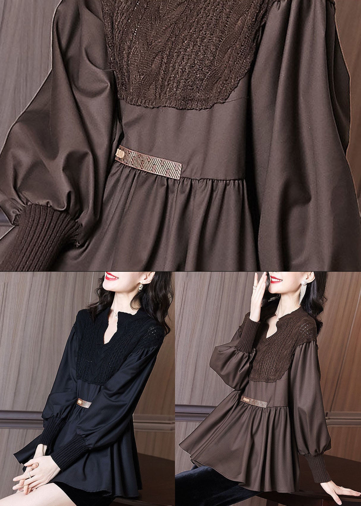 Coffee Patchwork Knit Blouse Tops V Neck Ruffles Long Sleeve