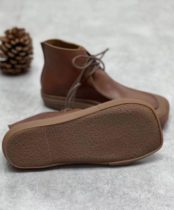 Coffee Cowhide Leather Boots Lace Up Ankle Boots