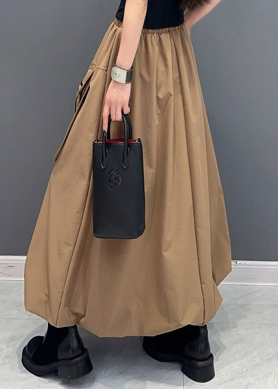 Khaki Pockets Elastic Waist Cotton Skirts Summer