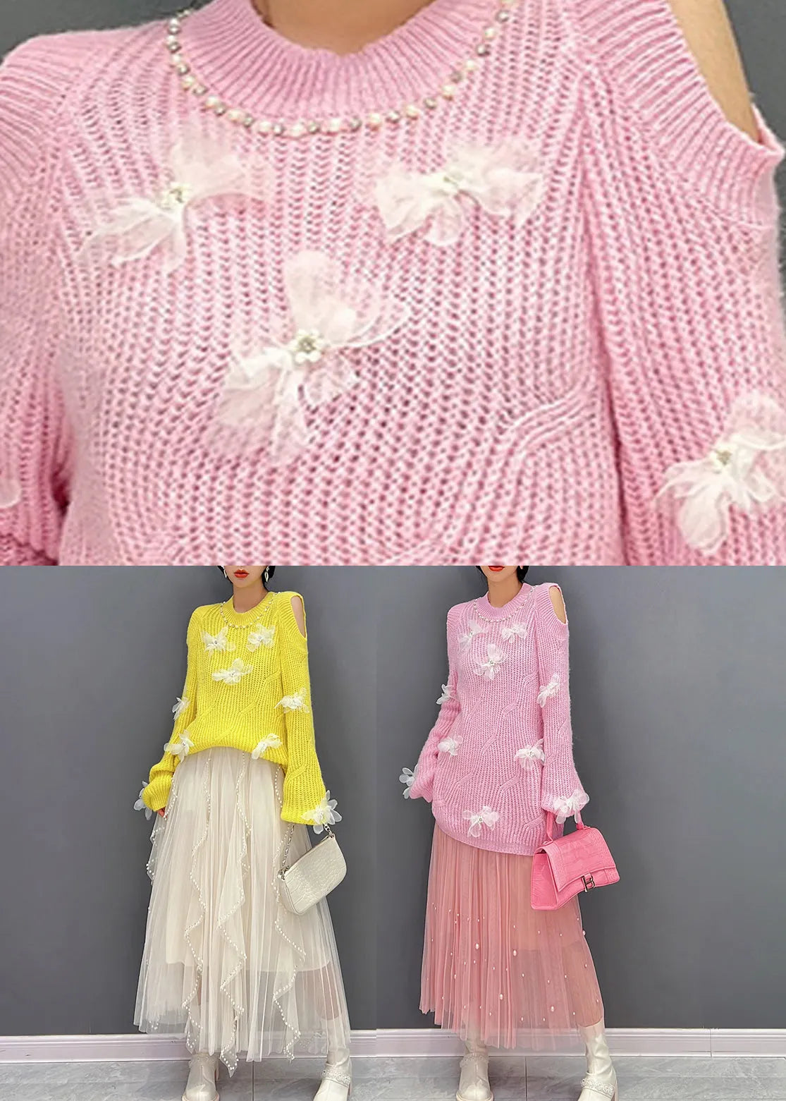 Yellow O-neck Knit Top and Tulle Maxi Skirts Two Pieces Set Fall