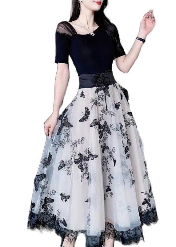 Beige Embroideried Tie Waist Tulle a Line Skirt Summer