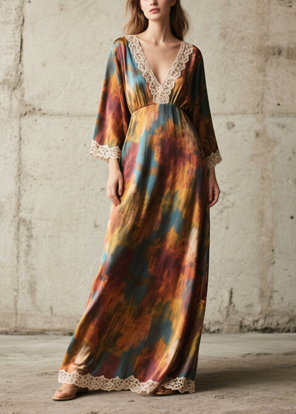 Tie Dye Lace Patchwork Chiffon Robe Dresses Fall