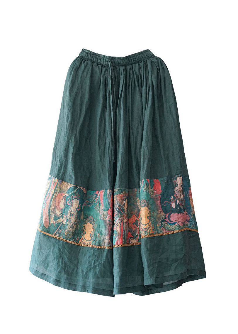 Retro Green Elastic Waist Drawstring Print Patchwork Linen Skirt Spring