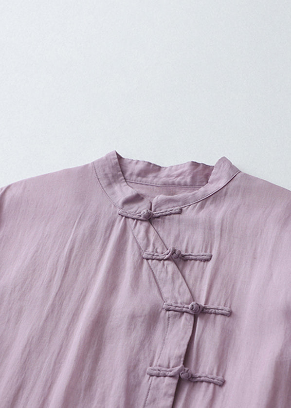 Purple Chinese Button Side Open Cotton Dresses Summer
