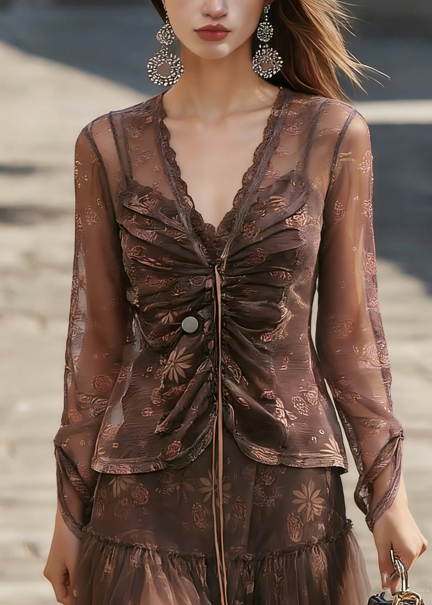 Coffee V Neck Cinched Tulle Shirt Spring