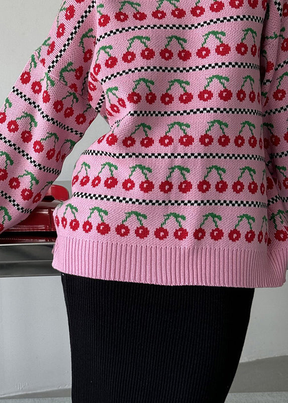 New Pink O Neck Thick Print Knit Short Sweater Fall